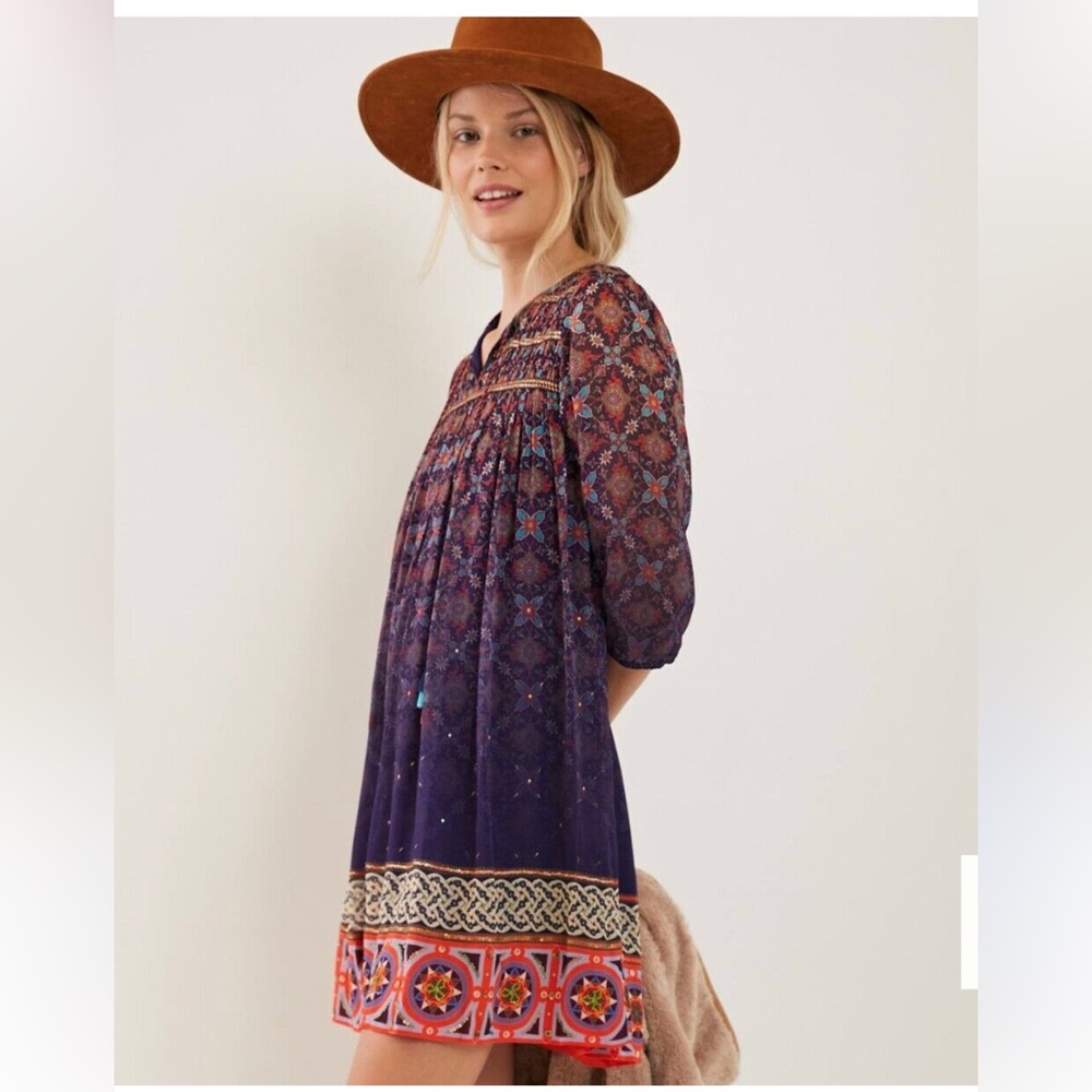 NWOT Anthropologie Corinna Tunic Dress with Metalic Trim and Tassels size Small